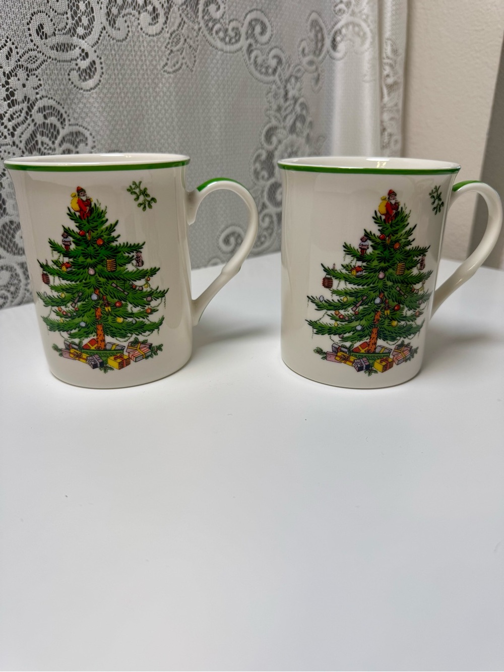 Spode White Mugs with Green Christmas Tree and Green Trim - Set of 2